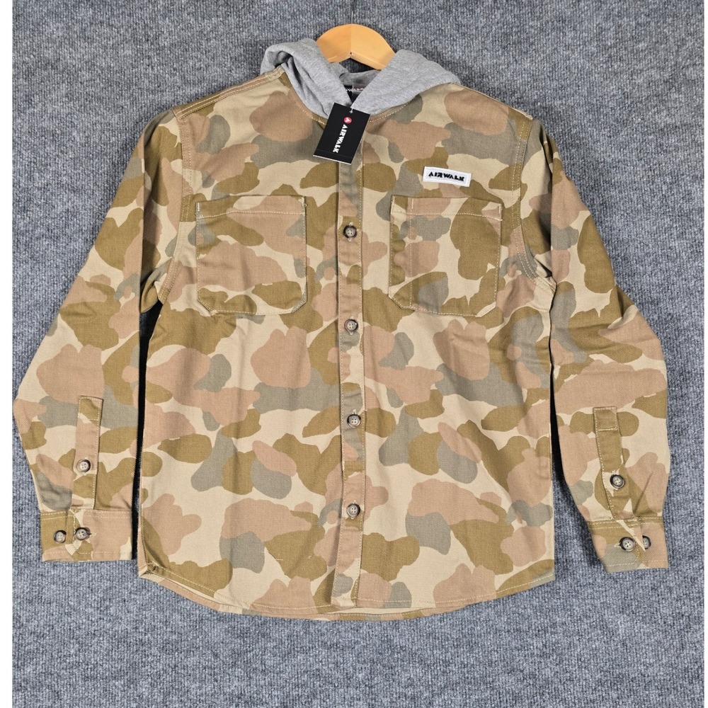 Airwalk Kids Khaki‎ Camo Hooded Button Up Shirt Style Jacket Size 14